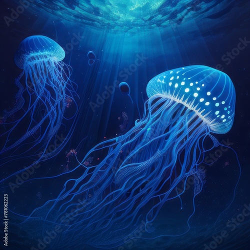 a deep blue vast wide open empty space with floating psychedelic jellyfish on both sides