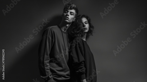 Monochrome image of couple in casual wear. A stylish couple poses in monochrome casual wear  creating a moody and evocative atmosphere in a minimalist setting