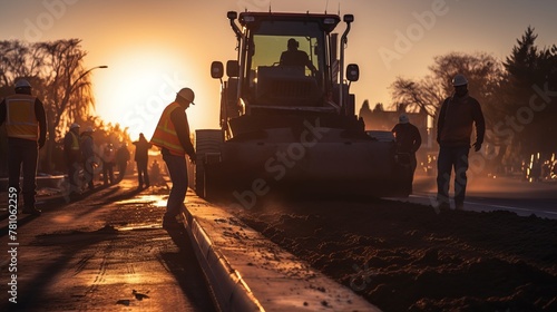 Process of asphalting and paving, asphalt paver machine and steam road roller photo