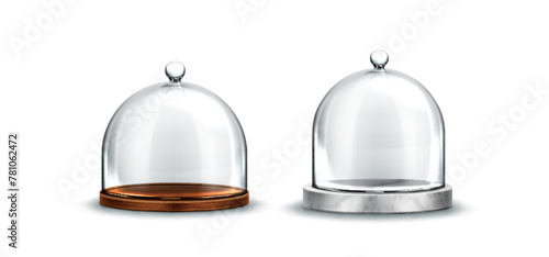 Wooden and marble stone stand for cake and pie with glass dome bell cover. Realistic 3d vector illustration set of sweet food display and safe storage. Empty plastic container on tray for pastries.