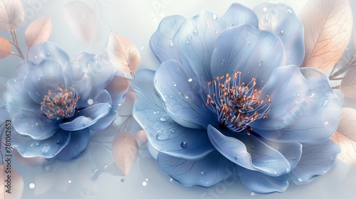  A detailed image of two blue blossoms surrounded by green foliage against a backdrop of blue and white, featuring water droplets on the flower petals
