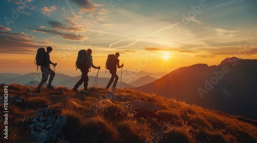 Landscape photo of teamwork friendship hiking, help each other trust assistance, silhouette in mountains, sunrise, captivating lighting --ar 16:9 Job ID: c049e096-402c-4ff4-a7d9-4439e0f0b6bf #781062693