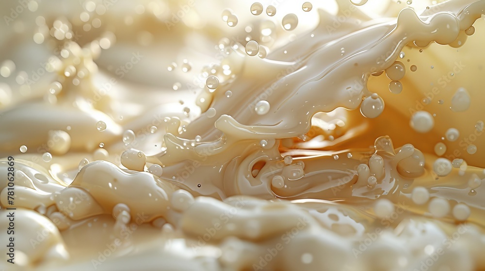 A close-up of a white substance with droplets of water on its surface and in the liquid A close-up of a white substance with droplets of water on its surface and in the liquid