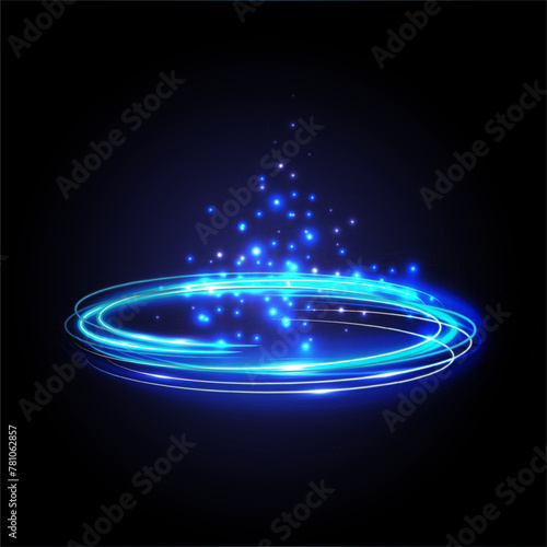 Vector background with the  blue shiny circles, rings with the stars and the sparkles on the dark background. Christmas tree background.