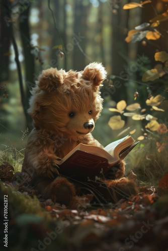 cute bear reading book in the forest