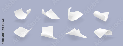 Flying paper sheet in different angles of view. Realistic 3d vector illustration set of curve white blank pages in air. Falling document or letter mockup. Empty curl note and leaflet chaotic float.