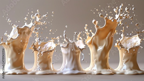   A splash of milk into smaller jugs on a white background with a gray backdrop photo
