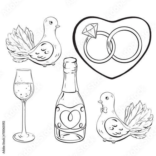 a bottle of champagne , a glass of wine , two pigeons , wedding rings , and a heart