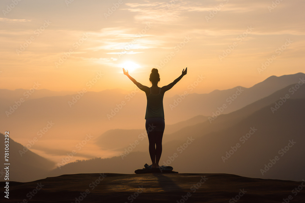 Fototapeta premium Silhouette of a Woman Practicing Yoga at Sunrise on a Mountain Top Generative AI