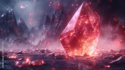  A vast pink crystal rests atop a mound of boulders amidst the murky sky