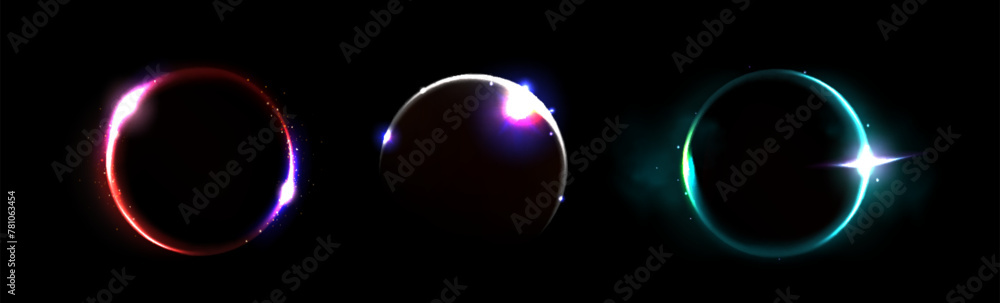 Solar eclipse neon light effect. Full cover of sun by moon with round flare. Realistic vector illustration set of space circle halo glow. Abstract blue and pink astronomy luminosity ring and crescent. Solar eclipse neon light effect. Full cover of sun by moon with round flare. Realistic vector illustration set of space circle halo glow. Abstract blue and pink astronomy luminosity ring and crescent.