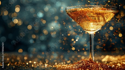  a wine glass with a drink inside, placed on a gold-glittered table with a blurred background