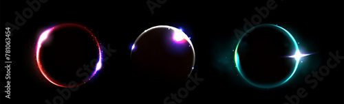 Solar eclipse neon light effect. Full cover of sun by moon with round flare. Realistic vector illustration set of space circle halo glow. Abstract blue and pink astronomy luminosity ring and crescent.