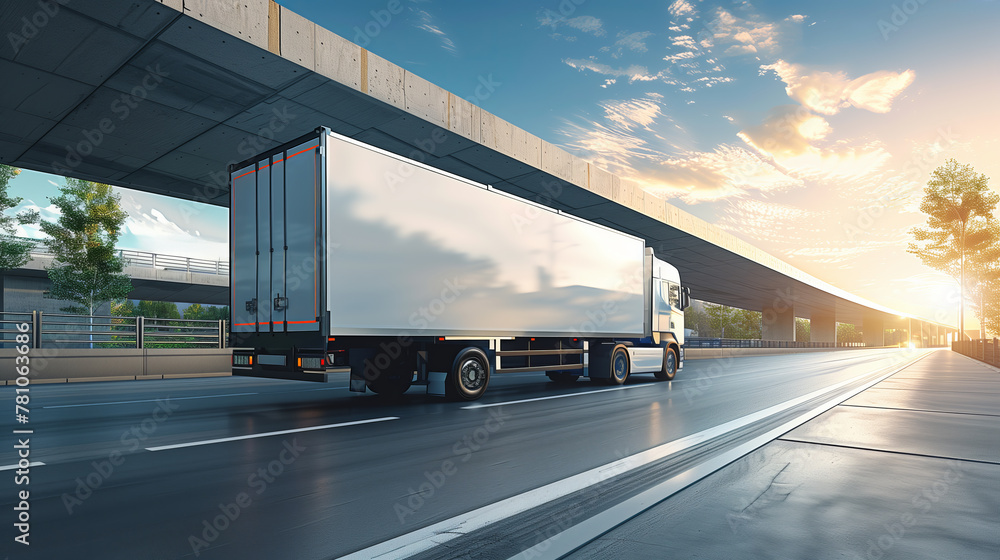White cargo truck on the highway at sunrise, large blank space on trailer, concept of logistics. Generative AI White cargo truck on the highway at sunrise, large blank space on trailer, concept of logistics. Generative AI