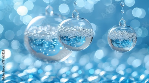  A detailed shot of two glass decorations dangling on a chain against a blue backdrop, featuring fuzzy lighting in the background
