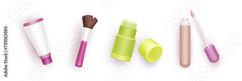 Makeup products 3d icon set. Realistic vector beauty and skin care cosmetic - tonal in tube container, concealer, liquid lipstick or lip gloss package, mascara brush and highlighter or creme stick.