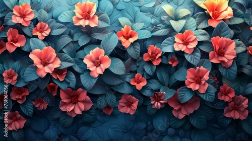   A close-up of vibrant blooms against a blue backdrop featuring lush foliage  center frame