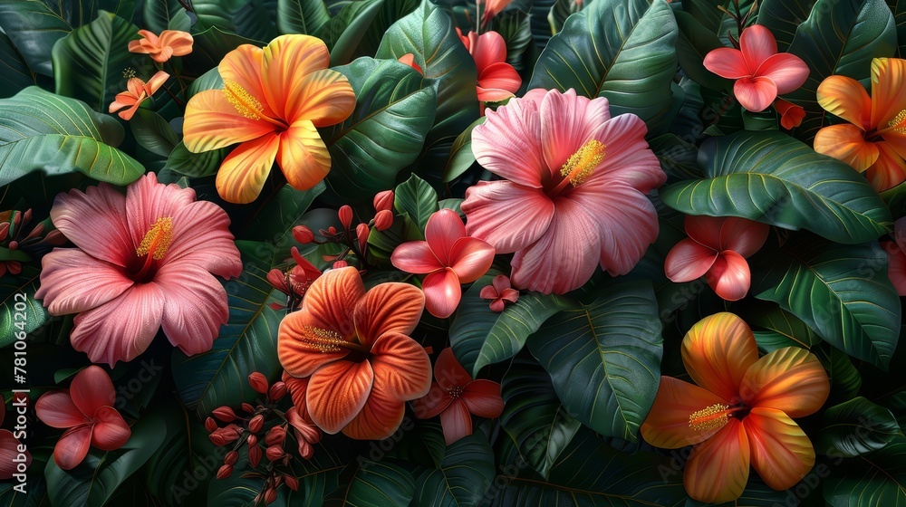   Close-up of colorful flowers, mostly red and yellow, surrounded by green foliage - obrazy, fototapety, plakaty 