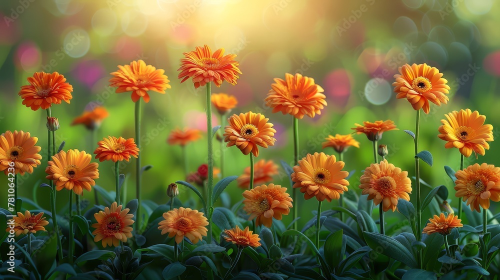   Orange flowers in a field with green grass and foreground flowers under bright sunlight