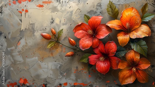  A painting of red and orange flowers with green leaves on a gray and orange background featuring a prominent red spot at its center