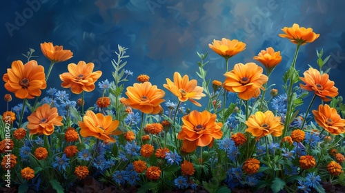   A field of orange flowers with blue foreground and blue sky in the background © Shanti
