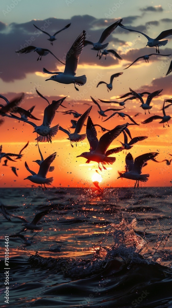 A flock of seagulls wheeling and diving over the ocean, silhouetted against a dramatic sunset