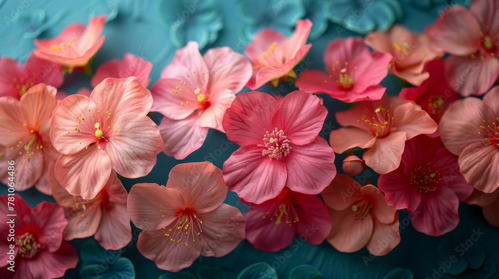 A cluster of pink and red blossoms resting atop a blue-green tablecloth on a blue background A cluster of pink and red blossoms resting atop a blue-green tablecloth on a blue background