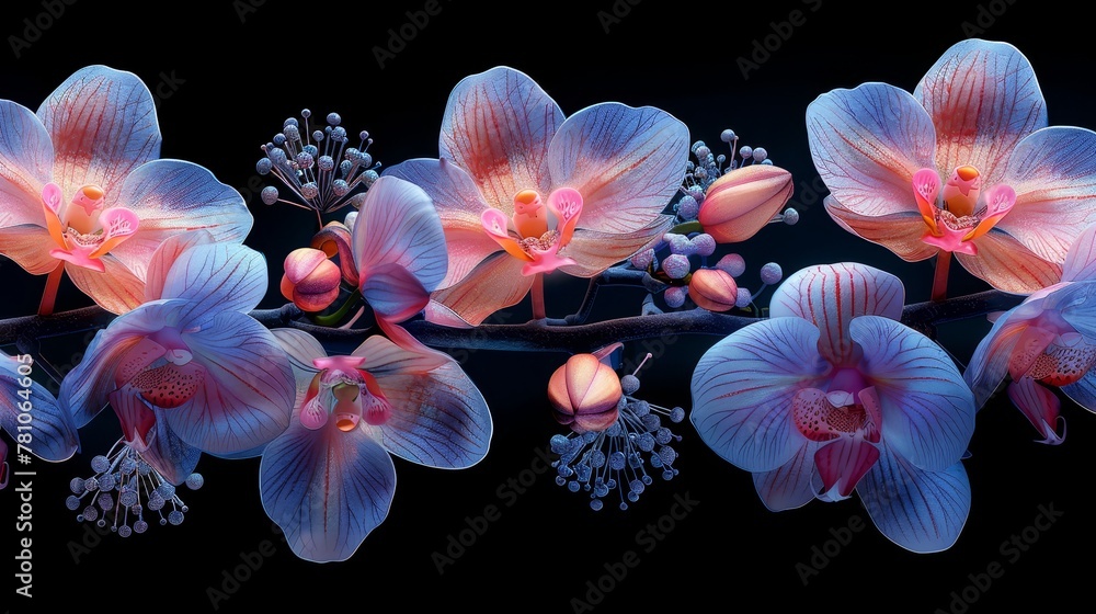 A branch adorned with pink and blue orchids displays buds and blossoms in the center frame A branch adorned with pink and blue orchids displays buds and blossoms in the center frame