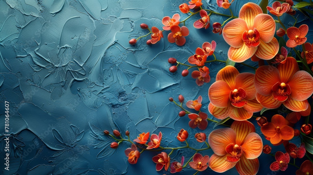  Orange orchid painting on blue canvas with green foliage on the left side