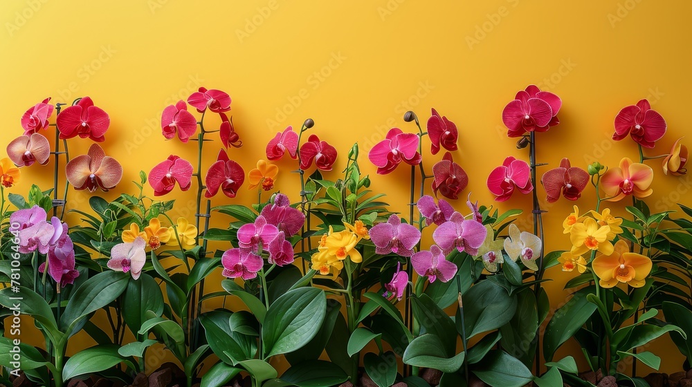   A row of pink, yellow, and purple orchids in front of a yellow wall on a yellow background