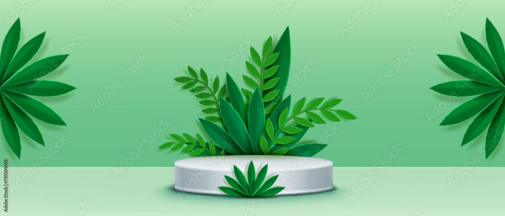 Cylinder product podium with paper cut green leaf. Realistic 3d vector display stage mockup with abstract cardboard plant foliage. Showcase platform template with natural origami composition.