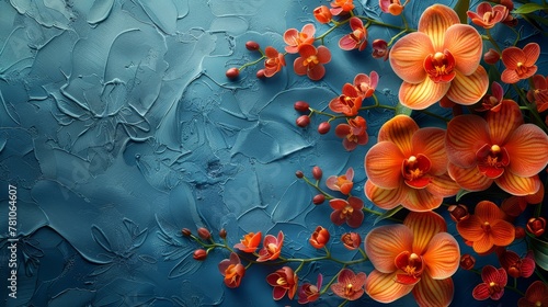  Orange orchid painting on blue canvas with green foliage on the left side © Shanti