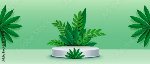 Cylinder product podium with paper cut green leaf. Realistic 3d vector display stage mockup with abstract cardboard plant foliage. Showcase platform template with natural origami composition. photo