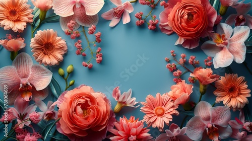   A blue background with pink and red flowers