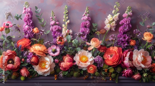  A painting of a group of flowers on a shelf, set against a purple backdrop, and another depicting the same, with the same background