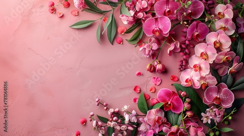  A cluster of pink blossoms set against a backdrop of pastel pink with lush green foliage and additional pink blooms framing the composition