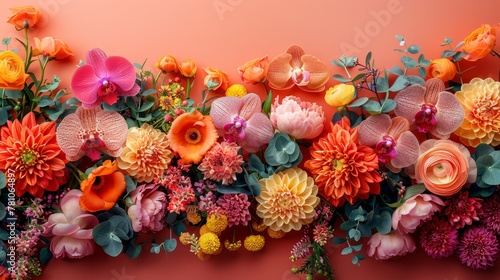  A variety of colorful blossoms against a pink backdrop, adorned with lush green foliage, fills the center of the image