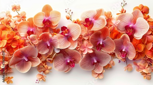   A macro of multiple blooms on a white canvas, featuring predominantly pink and orange hues