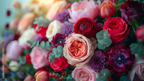  A close-up of a colorful bouquet with pink, red, orange, and purple flowers