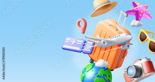 3d airline ticket, travel bag, globe and airplane. Render paper ticket with plane icon, suitcase and planet earth. Travel element. Holiday or vacation. Transportation concept. Vector illustration