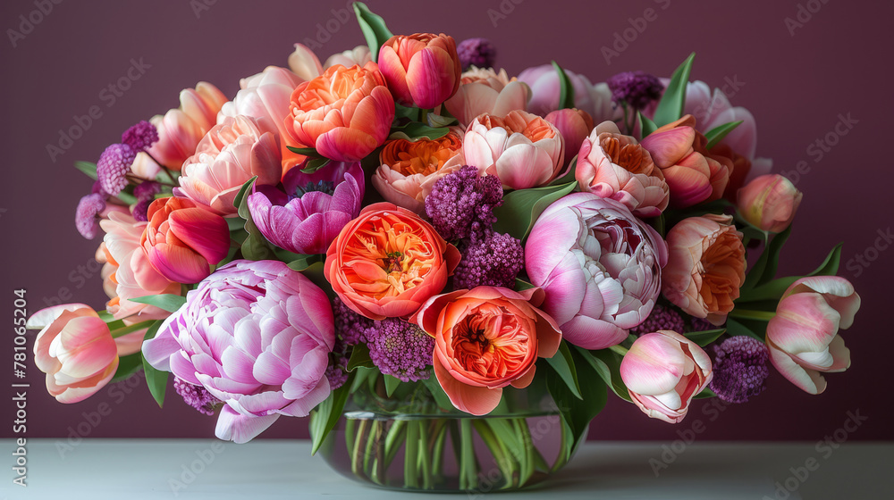 A vase brimming with numerous pink and orange tulips sits atop a table adjacent to a wall adorned in purple A vase brimming with numerous pink and orange tulips sits atop a table adjacent to a wall adorned in purple