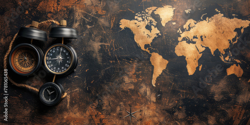 A map of the world is on a table with three clocks and a compass