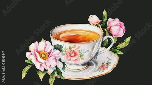  A painting of a cup of tea with a saucer and a saucer on a saucer, adorned with pink flowers