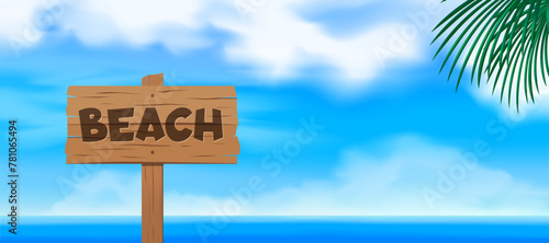 beach wooden sign on sky background summer vacation vector illustration © tarikdiz