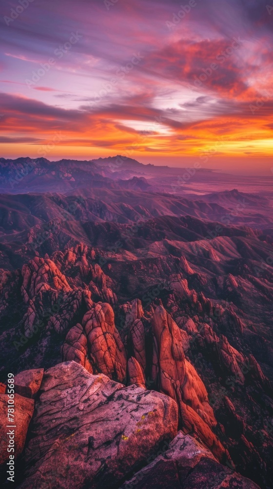 A panoramic view of a jagged mountain range at sunset, painted in fiery orange and purple hues