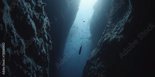 A Lone diving Fish Silent Descent Between Towering Underwater Cliffs in the Oceans Mystifying Depths, Generative AI