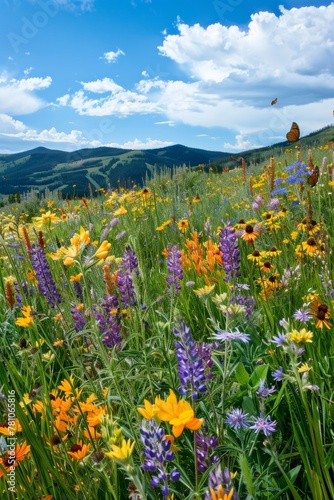 A panoramic vista of a wildflower meadow buzzing with life, showcasing butterflies, bees