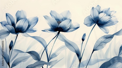  Blue flowers on white-blue background with black-white photo © Shanti