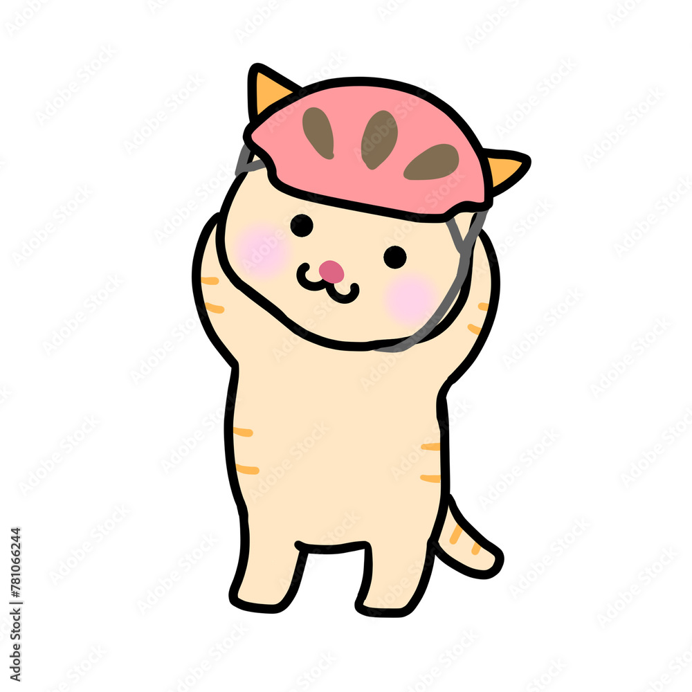 A cute cat is facing the left front when going out and trying to wear a red helmet. A cute cat is facing the left front when going out and trying to wear a red helmet.