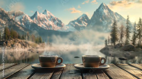 Hot coffee cups on a wooden table with mooring mountain background